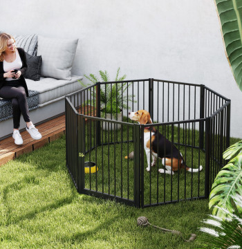 Parque para Cães Cercado para Cães com 8 Painéis 60x76 cm Parque para Cães Pequenos e Médios de Aço para Interior e Exterior Preto