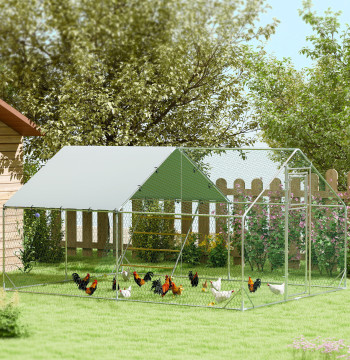 Henhouse pour extérieur 3x4 m Acier galvanisé Henhouse avec Suspendu Eater Type Perch Stick Couverture anti-UV et étanche pour les lapins de canard argenté