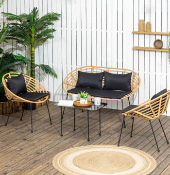 Mobili da giardino Set in Vime Sintetico di 4 parti della mobilia esterna con 1 divano doppio 2 poli e tavolo di vetro con legno e cuscini neri