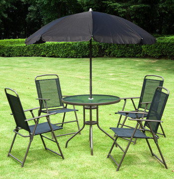 Ensemble de meubles de jardin 6 pièces avec 4 chaises pliant 1 table avec table en verre et 1 chapeau solaire pour terrasse extérieure noir