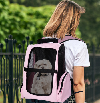 Transportadora 2 em 1 para Animais de Estimação Mochila ou Carrinho de Viagem para Cães e Gatos com 2 Rodas Alça Retrátil de Alumínio e Bolso de Armazenamento 42x25x55cm Rosa
