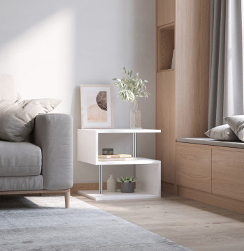 Mesa de Centro Mesa Auxiliar de Sala de Estar com Forma de S Compartimentos Abertos 2 Níveis Desenho Elegante 50x50x50cm Branco