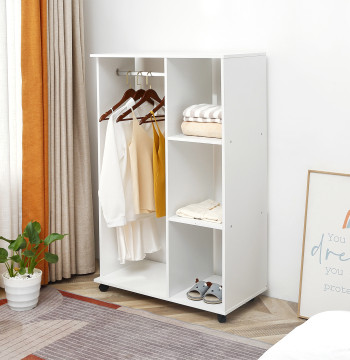 Armoire en bois Armoire mobile Armoire ouverte avec barre à accrocher et 3 Shears Organisateurs pour dorme 80x40x128cm Blanc