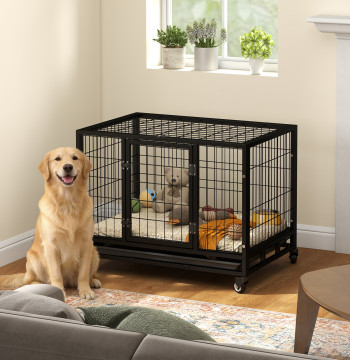 Cage métallique pour chiens avec roues et freins Plateau amovible et serrure de porte pour Golden Retriver Labrador 92x62x75cm noir