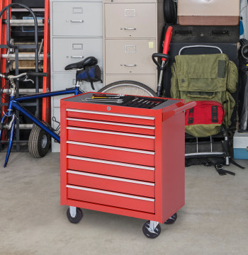 Carrinho de Ferramentas com 7 Gavetas, Carrinho de Oficina com Fechadura, Pega, 2 Rodas com Travão, para Garagem, Casa, Vermelho