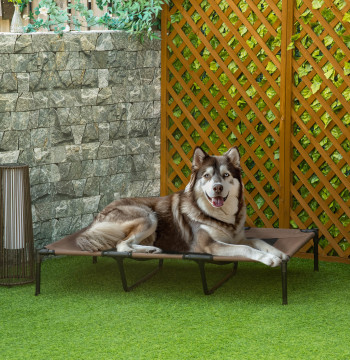 Lit d'animal Lit haut pour chiens de chat avec tissu transpirable pour dormir Relax Extérieur Jardin Terrasse 122x92x23cm Marron