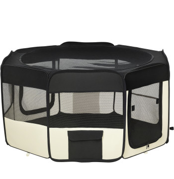 Parco pieghevole per cani e gatti Pet Park con 2 porte e tessuto cuscino Oxford Ø120x58 cm Nero