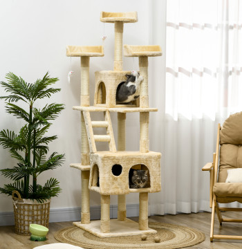 Arranhador para Gatos Grande 60x50x181 cm Arranhador para Gatos com Poste de Sisal Múltiplas Plataformas Escada Caverna Brinquedos Bege