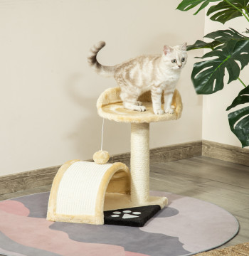 Árbol Arranhador para gatos Pequeña altura 46 cm de 2 Niveles con Poste y Tapete de Arranar Cama y Bola Suspensa 35,5x37x46 cm Bege