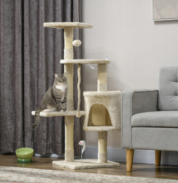Árvore Arranhador para Gatos 112 cm com 4 Níveis Poste de Sisal Caverna Espaçosa Múltiplas Plataformas e Brinquedos Divertidos 75x40x112 cm Bege