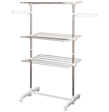 Vestiti pieghevoli Extender 80x55x152cm con 6 ruote e 3 Scaffale regolabile in altezza in acciaio inossidabile argento