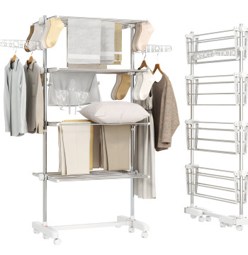 Estendal de Roupa Dobrável 80x55x172cm com 6 Rodas e 4 Prateleiras com Altura Ajustável de Aço Inoxidável Prateado