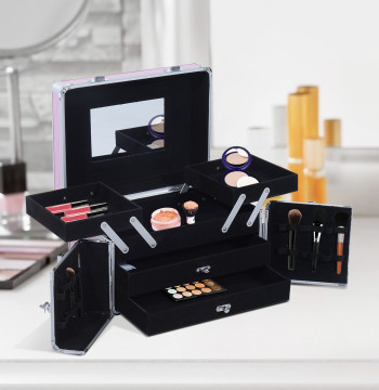Estojo de Maquilhagem Organizador de Cosméticos Profissional Maleta de Maquilhagem Caixa de Produtos de Beleza Portátil com Compartimentos 29x21x20 cm Rosa
