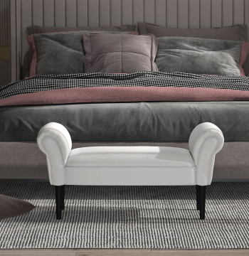 Banco de Pé de Cama Banco com Braços Curvados Estofado e Pés de Madeira para Dormitório Entrada Sala de Estar Carga Máxima 130kg 102x31x51cm Branco
