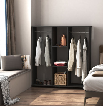 Armoire en bois Armoire mobile ouverte avec 2 barres de suspension et 3 feuilles Organisateurs pour dorme 120x40x128cm Noir