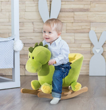 Caballo de Baloiço en Forma de Dinosauuro de Pélucia para bebés 18-36 Meses con Sons Cinto de Seguridad Guíador y Apoyo a los Pés 60x33x45cm Verde