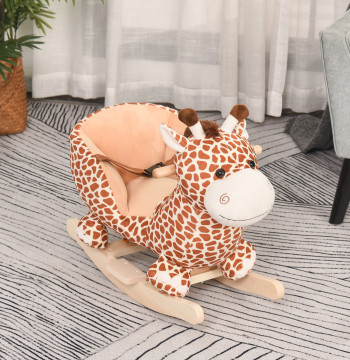 Baloiço para Crianças acima de18 Meses Baloiço de Pelúcia em Madeira com 32 Canções Cinturão de Segurança Girafa de Pelúcia 60x33x45 cm Marrom Claro