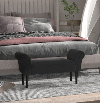 Banque de pied de lit avec rembourrage d'armoiries courbées et pieds de bois pour salle d'entrée de dortoir charge maximale 130kg 102x31x51cm Noir
