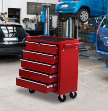 Workshop Tool Cart avec roues et 5 tiroirs Verrouillage et poignée latérale 67,5x33x77 cm Rouge