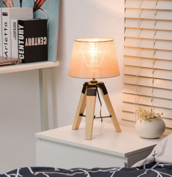 Candeeiro de Mesa Moderno y Original con Base de Tripé y Tela de lino para Dormitorio o Sala de Estar Lámpara E27 Máx. 40W 24x24x45cm Creme y madera