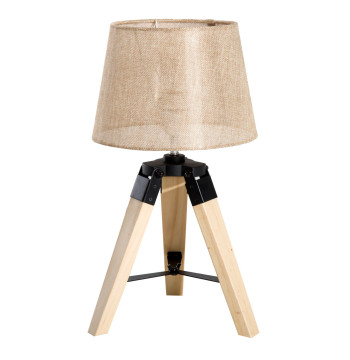 Candeeiro de Mesa Moderno e Original com Base de Tripé e Tela de Tecido de Linho para Dormitório ou Sala de Estar Lâmpada E27 Máx. 40W 24x24x45cm Creme e madeira