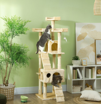 Scratcher pour chats Grand 49x49x173 cm avec des niveaux multiples Grottes Jouets Activités suspendues Centre de Sisal Beige