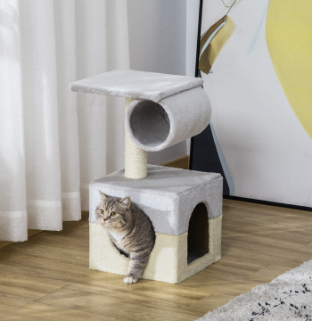 Árvore Arranhador para Gatos com Poste de Sisal Caverna de Pelúcia Suave Plataforma e Cilindro 31x31x58 cm Cinza e Bege