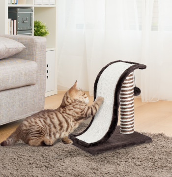 Inicio para Gatos Centro de Actividades con Poste de Sisal Rampa y Brinquedo Suspenso para Jugar y Arranhar 35x30x39 cm Marrom y Bege