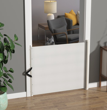 Barrera de seguridad extensible hasta 115 cm Vedación para mascotas Bebés Niños 115x82,5 cm Textilene Blanco