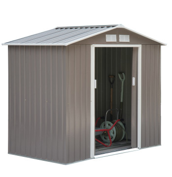 Abri de jardin 213x130x185cm Abri extérieur de jardin en métal pour le rangement d'outils avec 2 portes coulissantes et 4 fenêtres pour la terrasse grise légère