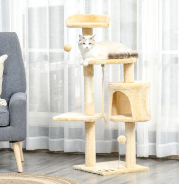 Arranhador para Gatos Grande Arranhador para Gatos com Plataformas Caverna Cama e Bolas Suspensa 40x40x114 cm Bege