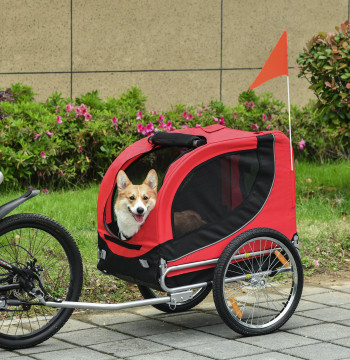 Reboque de Bicicleta para Cães Reboque de Bicicleta para Animais de Estimação com 1 Bandeira e Reflectores 130x73x90cm Vermelho e Preto