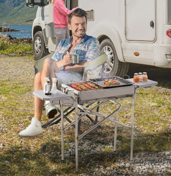 Barbecue Charcoal en acier portable avec 2 traverses latérales et grille pour camp de pique-nique extérieur 104x30x68cm Argent
