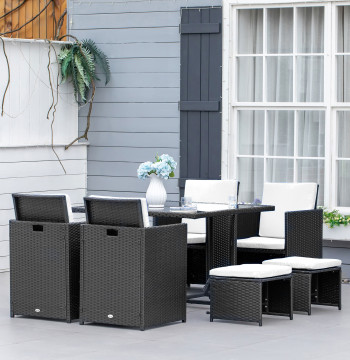 Set di mobili per mobili per giardino set 9 pezzi Sedie da tavolo e banche con cuscinetti esterni neri