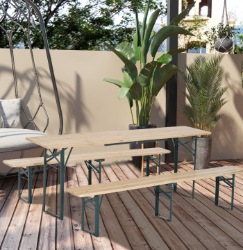 Mobili da giardino Set da tavolo per 4-6 persone e 2 banche esterne pieghevoli Tabella del campeggio 218x46x75cm Banche 218x24,5x43cm Legno e verde