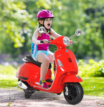 Mota Elétrica para Crianças de 3-6 Anos com Licença Vespa Moto a Bateria para Crianças com Música Velocidade 2-3 km/h e Buzina Carga 30 kg 102x50,5x75,5 cm Vermelha