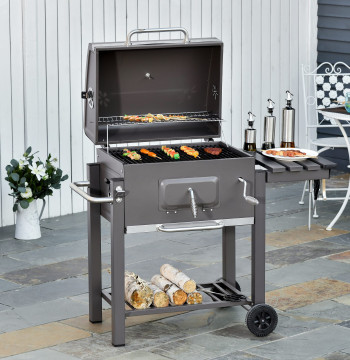 Barbecue de Charcoal avec étagère latérale de roues et barbecue de charbon Thermomètre pour jardin extérieur Camp 115x56x108cm Gris