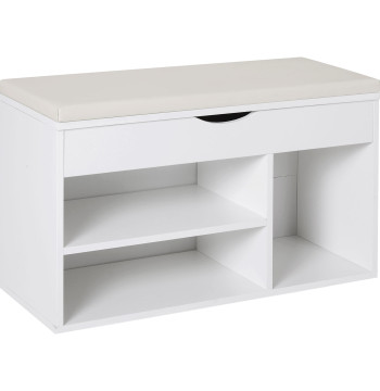 Banco Sapateira con Almacenamiento Gaveta Prateleira y Assento Acolchoado para Entrada Estilo Moderno 80x30x47cm Blanco
