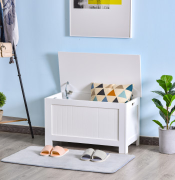 Baú de Armazenamento de Madeira Baú de Arrumação com Dobradiça de Segurança para Dormitório Sala de Estar Carga Máxima 20 kg 81x40x46 cm Branco