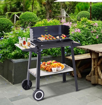 Barbecue Carbone con Griglia regolabile in altezza Forbici e ruote per giardino esterno Campeggio 83x45x87 cm Nero