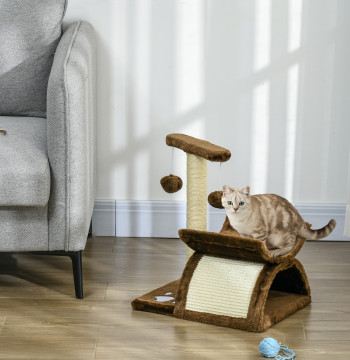 Árvore Arranhador para Gatos Pequena 43 cm Torre para Gatos com Poste Giratório Bolas Suspensas Plataforma Curva e Esconderijo 40x30x43 cm Marrom
