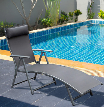 Jardin pliable Slappy avec dossier réglable en 7 positions Support pour Terrasse Tête Piscine extérieure Charge maximale 165kg 137x63.5x100.5cm Gris