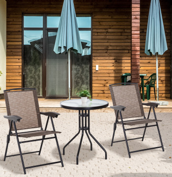 Conjunto de Mesa e 2 Cadeiras Cadeira Dobrável Encosto Reclináveis a 4 Níveis Armação de Aço Marrom