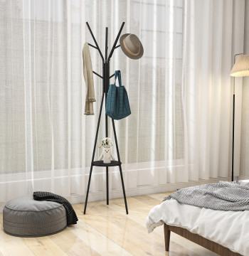 Cabide de Pé Metálico para Pendurar Ropa Bolsas con 9 Ganchos y Prateleira Cabide de Pé Moderno 45x45x180 cm Negro