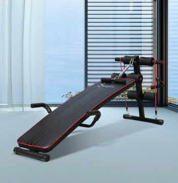 Banco de Abdominais con altura ajustable Banco de Musculación para Treinos de Abdomen Costas Pernas con 2 Cordas y 1 Puxador de Mola Carga máxima 120 kg 55,5x137,5x68 cm Negro y Rojo