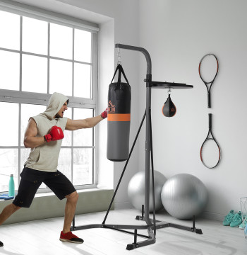 Bolsa de Boxeo Suspenso con Soporte Bola de Velocidad Ajustable en Altura de 167-187cm e Inflador para Entrenamiento Fitness en Casa Ginásio 115x157x221 cm Negro y gris