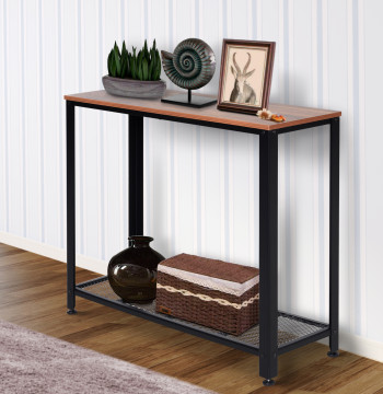 Mesa Consola Industrial Mesa de Entrada com Prateleira Inferior de Malha Metálica Carga 30 kg 101x35x80 cm Marrom e Preto