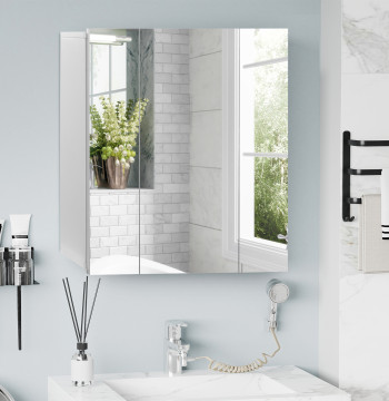 Armário de Casa de Banho com 3 Portas com Espelho Armário de Parede para Casa de Banho com Prateleiras Internas Ajustáveis 70x15x60 cm Branco
