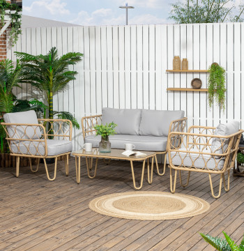 4 Set da giardino parti in Vime Sintetico con 2 Poltrons 1 Divano di 2 posti 1 Tavolo centrale e Cushiones naturale e grigio