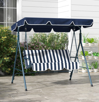 Baloiço de Jardín de 3 Lugares con Almohada Toldo ajustable y Estructura de Metal para Balcón Terraço Patio Carga Máx. 300kg 172x110x153cm Azul y Blanco